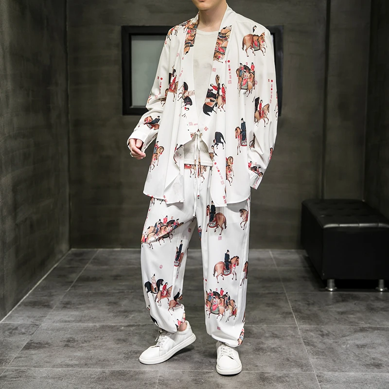 M-5XL Men's Kimono Robe Summer Spring Long Sleeve Shirts+Ankle Pants 2 Pieces Sets Traditional Japanese Streetwear Men Clothing