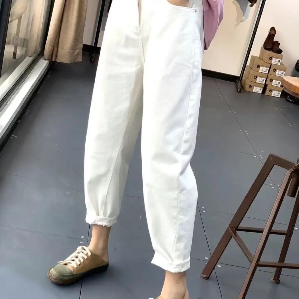 Spring Autumn Pink Woman Jeans Cotton Casual Straight Harem Pants Women's  Washed Trousers Loose Cropped Pants High Waist Jeans