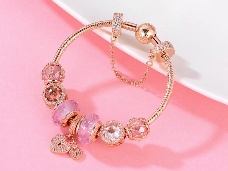 Finished Complete Rose Gold Plated Bracelet with Rose Pink Charms For Women Fit European Pandora Charm Beads Jewelry