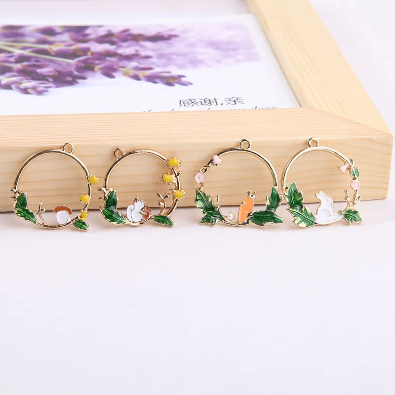 10pcs Round Swing Enamel Charms Rabbit Radish Wreath Alloy Pendants Fit Making Bracelet Earring Jewelry DIY Accessories