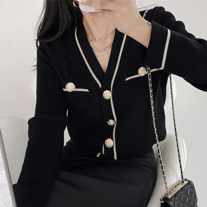 Elegant V-neck Knitted Cardigan Tops Women Full Sleeve Single-breasted Sweaters Patchwork Chic Fashion Ladies Jumpers Knitwear