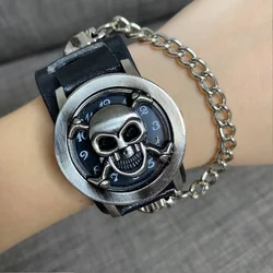 Fashionable Men's Watch Big Dial Punk Skull Quartz Watch Black Leather Concealed Buckle Men's Street Military Clock Montre Homme