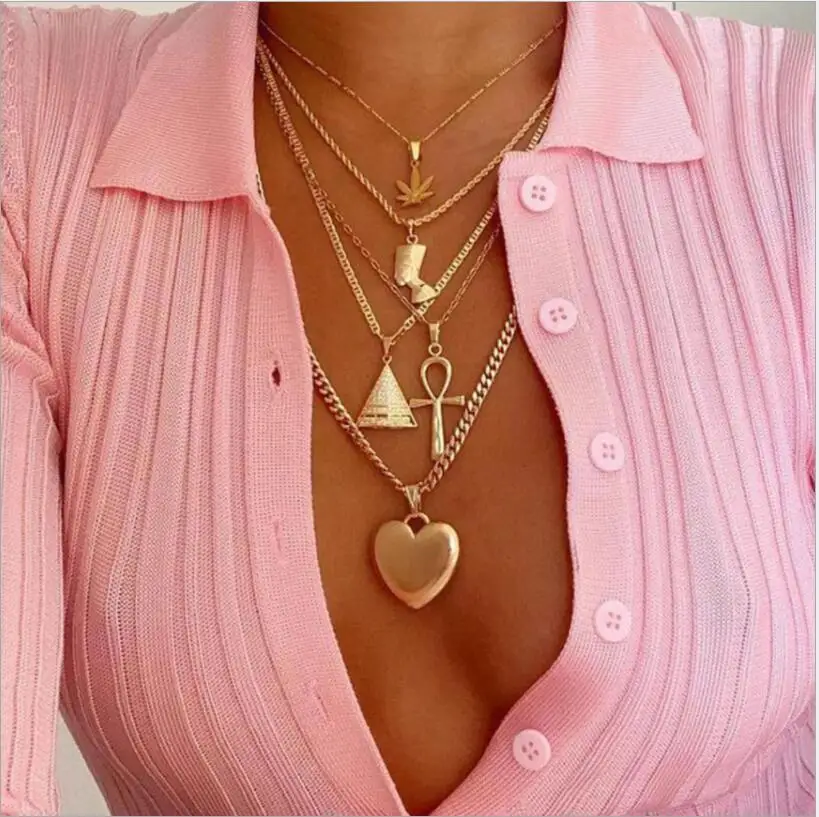 

Vintage Exaggerated Maple Leaf Ancient Egypt Pharaoh Pyramid Heart Fashion Sexy Multi-layer Metal Women Jewelry S2216