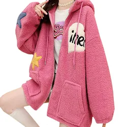 Winter Casual New Lamb Wool Hoodie Women Sweatshirt Embroidery Five-pointed Star Pullover Plus Velvet Pink Zipper Coat Female