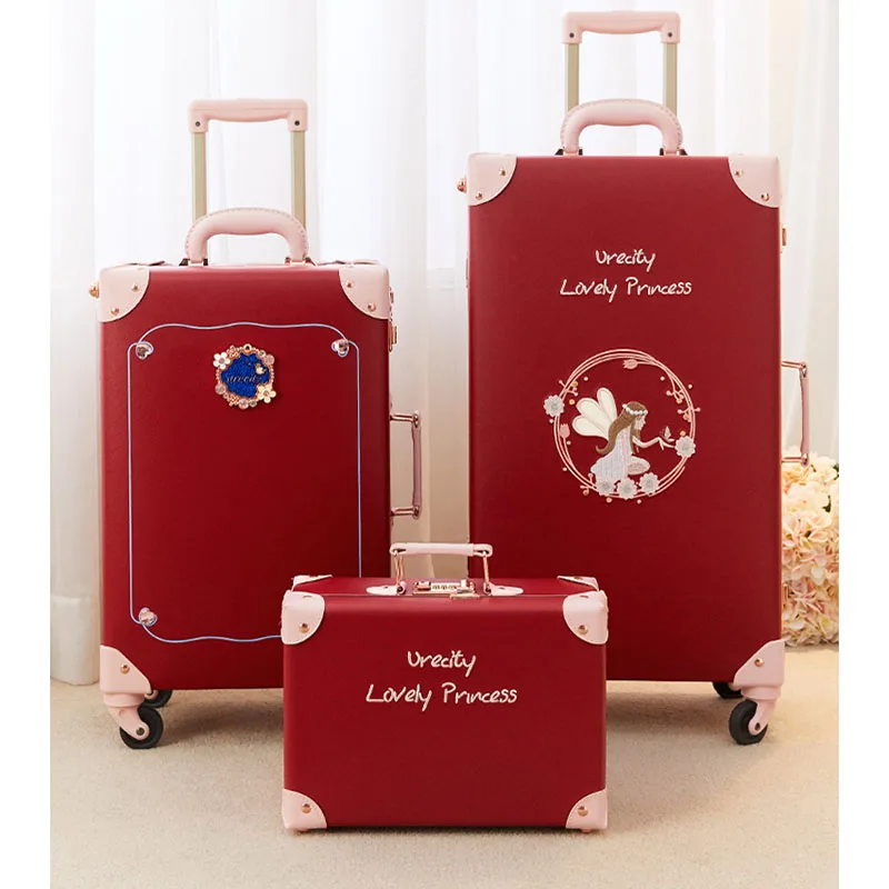 New Vintage Floral PU Lady's Travel Case Rolling Wheels Hand Luggage Sets 13