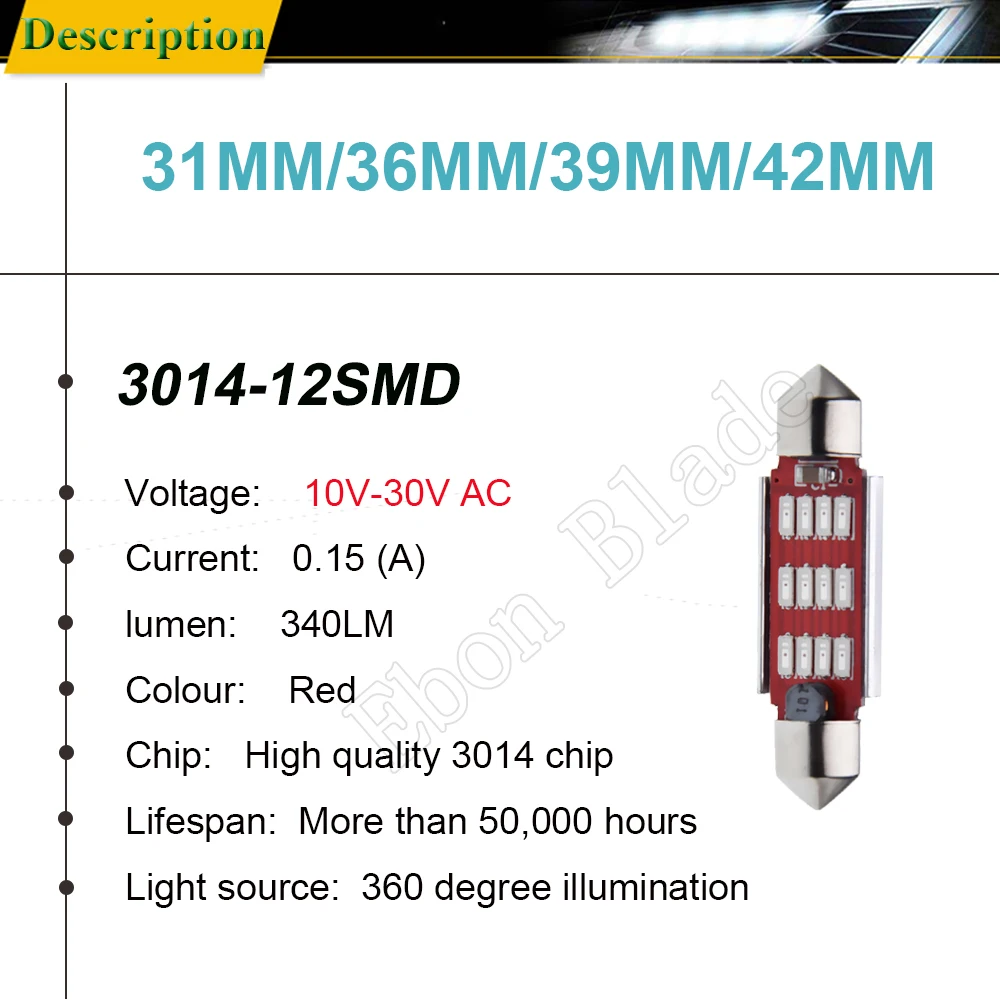 10Pcs Red 31mm 36mm 39mm 41mm 42mm Canbus Festoon Car LED Interior Dome Map Light 4014 12 SMD License Plate Door Bulb C5W 12V AC