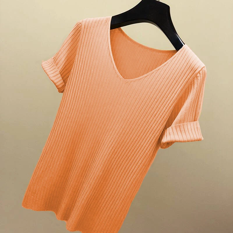 AOSSVIAO 2026 Basic V-Ausschnitt Einfarbiger Dünner Sommer Damen Pullover Weiblicher Dünner Gerippter Strickpullover Schlanker Kurzarm Bodycon Pullover – Detail 14