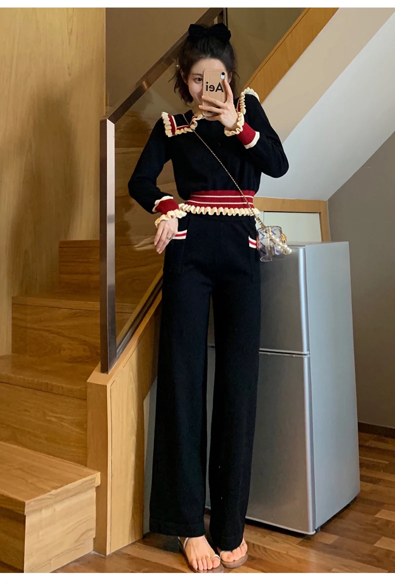 Sweet Black Peter Pan Collar Long Sleeve Sweater Trouser Two Piece Set Women Elegant Retro Striped Knitted Jumper Top Pants Suit