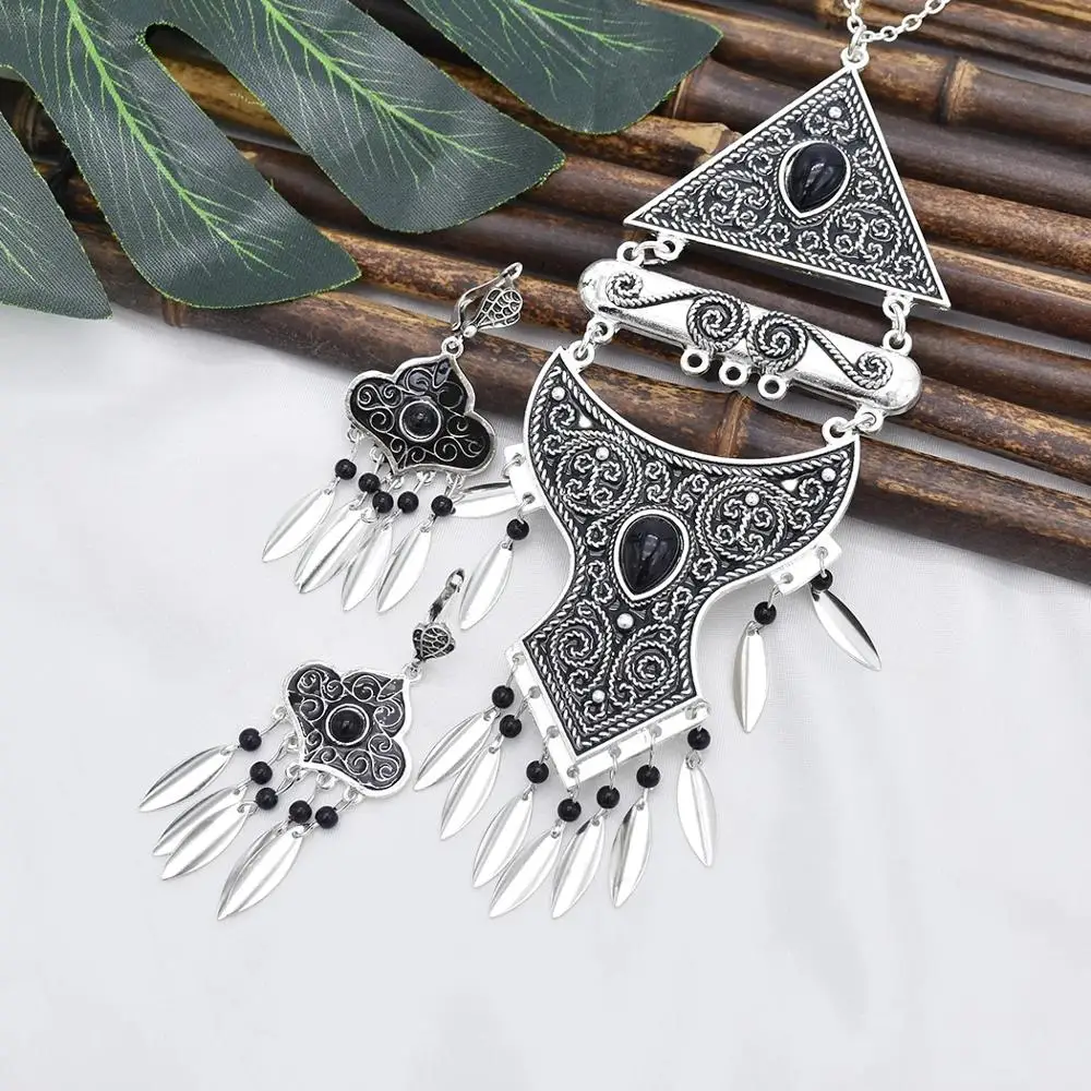 Vintage African Jewelry Sets for Women Metal Round Geometry Pendant Necklace Statement Earrings Wedding Party Jewellery Gift