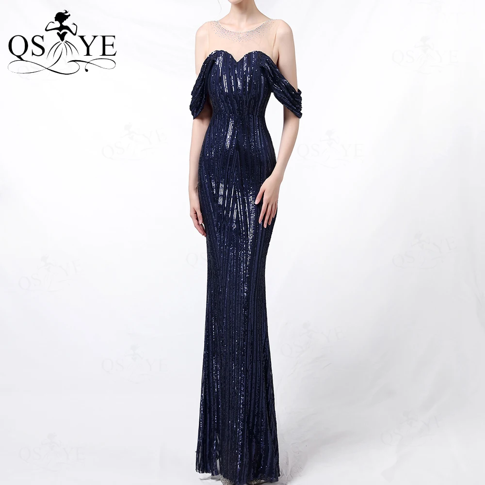 Off Shoulder Sequined Navy Evening Dress Vertical Stripes Mermaid Party Dress Side Sleeves Hot Drill Nude Neckline Fit Prom Gown