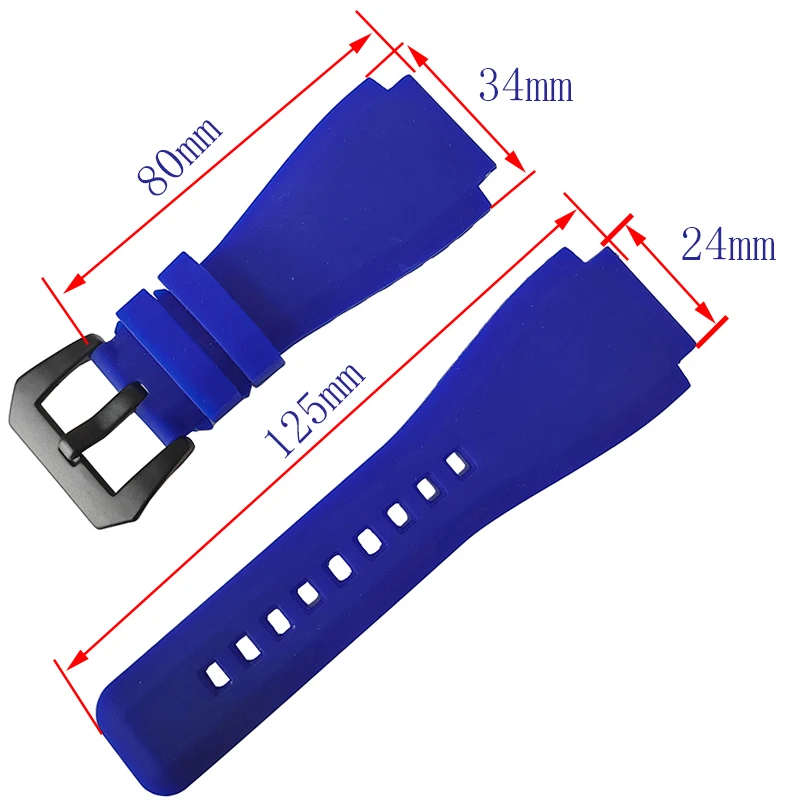 34 * 24mm Blue Waterproof Smooth Soft Nature Sillicone Rubber Watch Strap For Bell & Ross BR01 BR03 Watchband Bracelet  Replace