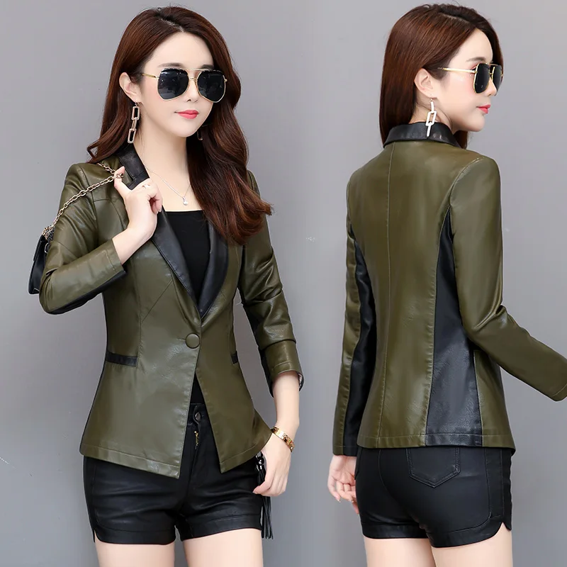 

Spring jacket ladies Pu leather jacket short autumn zipper jacket motorcycle leather small suit faux leather slim black green