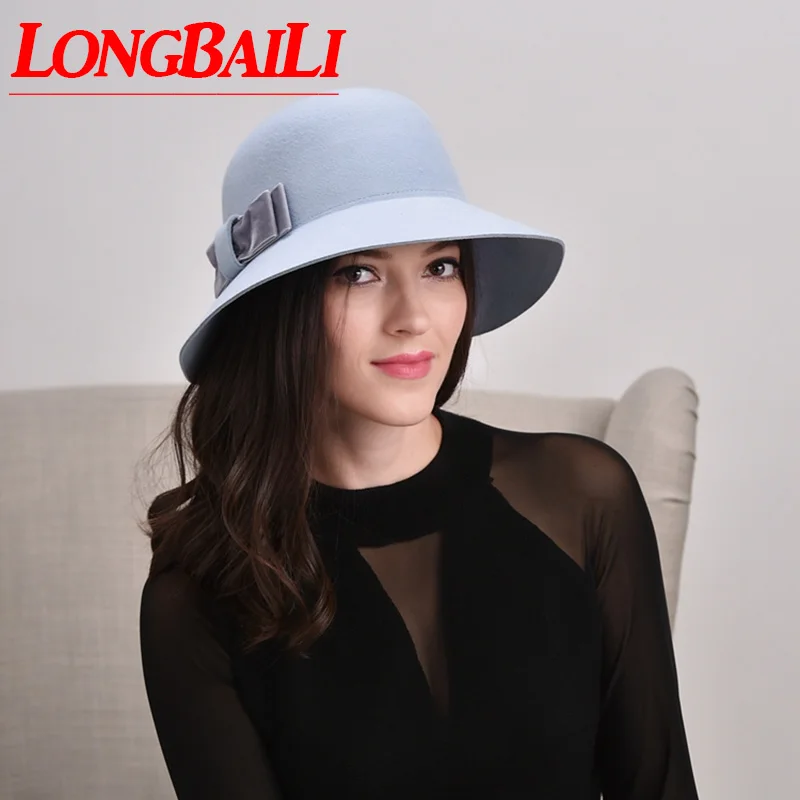 

New Elegant Wool Felt Cloche Hats For Women Chapeu Feminino Bow Fedoras Female Free Shipping PWSV014