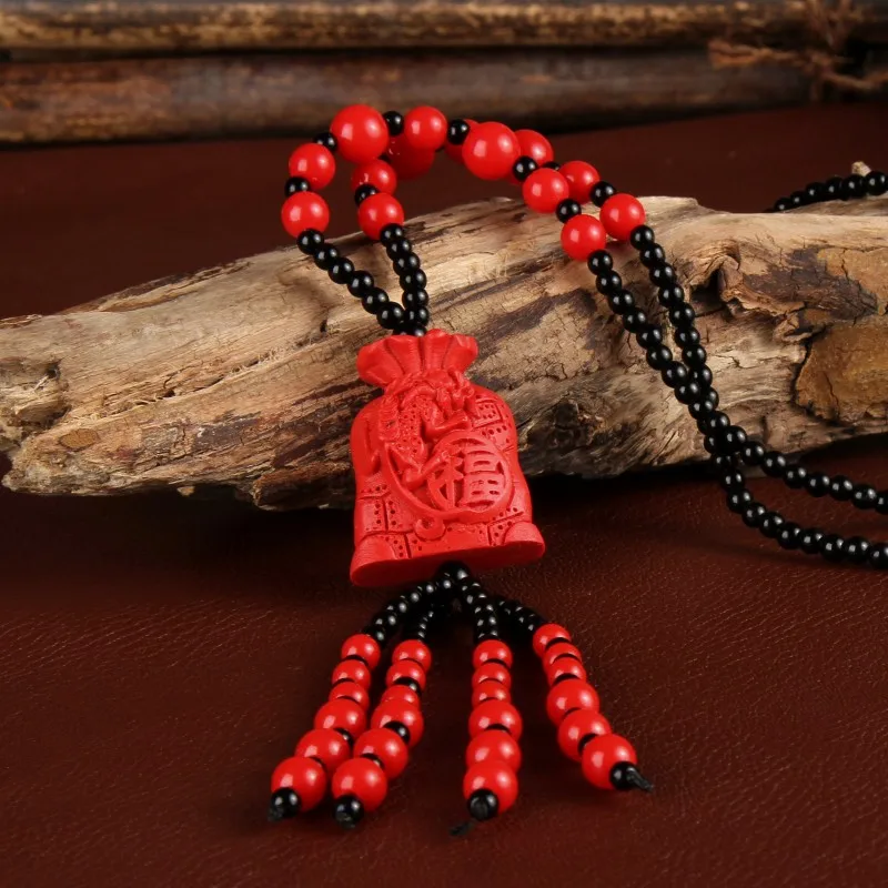 Vintage Ethnic Red Cinnabar Long Tassel Necklaces for Women Autumn Winter Joker Beads Flower Sweater Chain Lady Jewelry on Neck