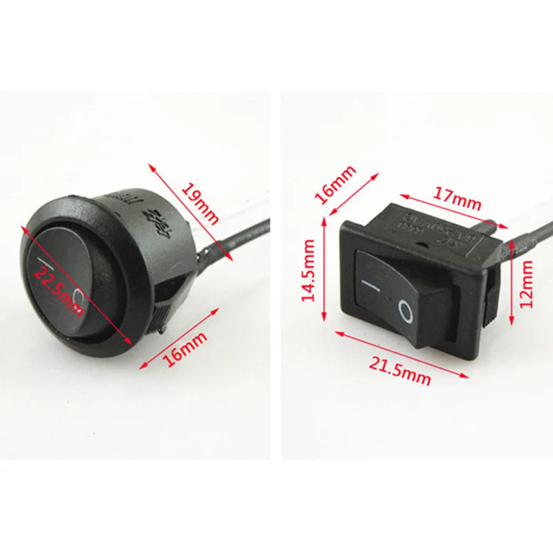 50pcs Round/ Rectangle Rocker Switches Black White Mini  2 Pin ON-OFF Rocker Switch With 10cm Wire Cable