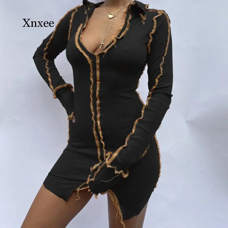 Long Sleeve Patchwork Sexy Mini Dress Autumn Winter Women Fashion Streetwear Outfits Clit Club Clothing