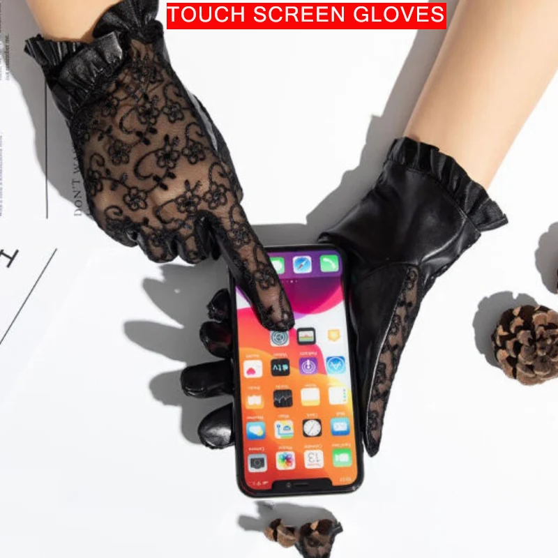 Women's Single-Layer Leather Touch Screen Gloves Thin Sheepskin Trimmer Riding And Driving Points In Sunscreen Silk