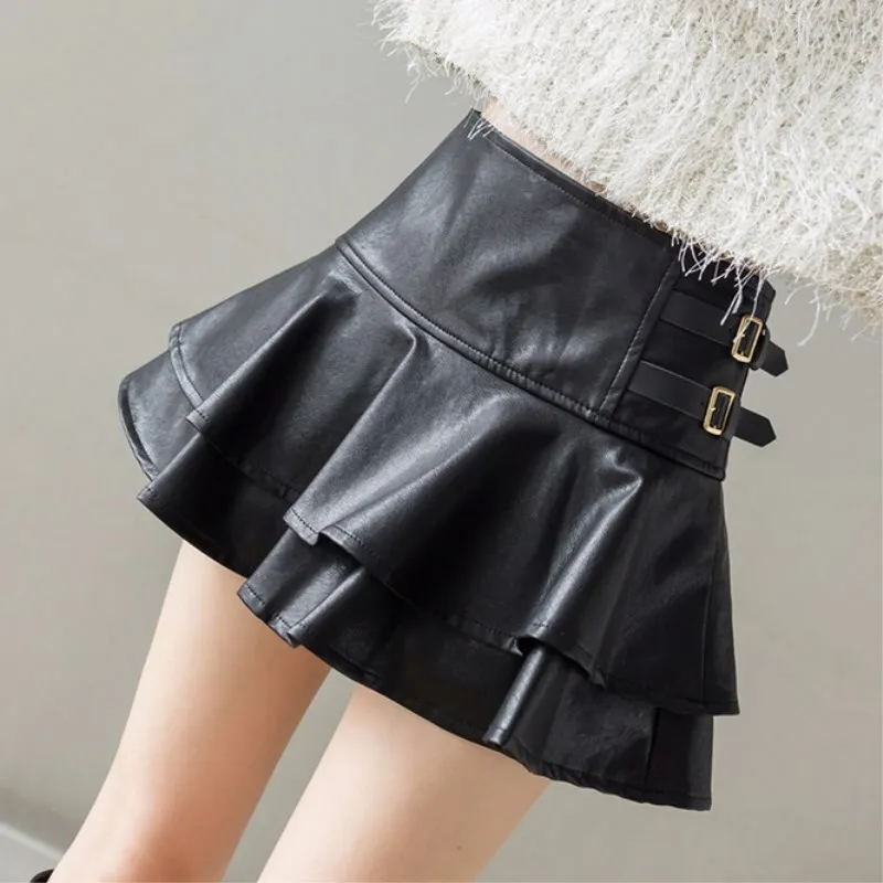 Spring  Autumn PU Cake Leather Short Skirt  Women's High Waist Pleated Umbrella Skirt  A-Shaped Skirt  Fashionable Black