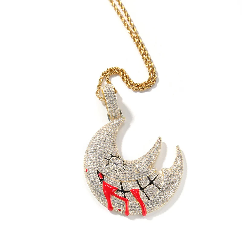 Hip Hop AAA+ CZ Stone Paved Bling Ice Out Cool Big Moon Pendants Necklaces for Men Rapper Jewelry Drop Shipping