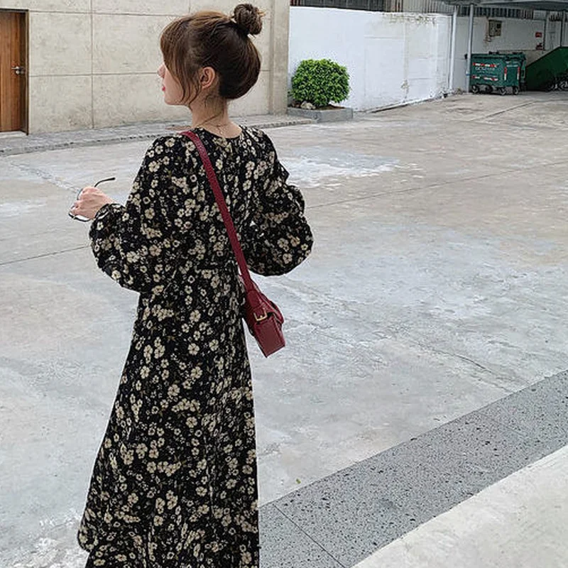 Long Sleeve Dress for Women Floral Vintage Designer Korean Style Street Vestidos Y2k Autumn Chic Mid-calf Casual BF Femme Tender
