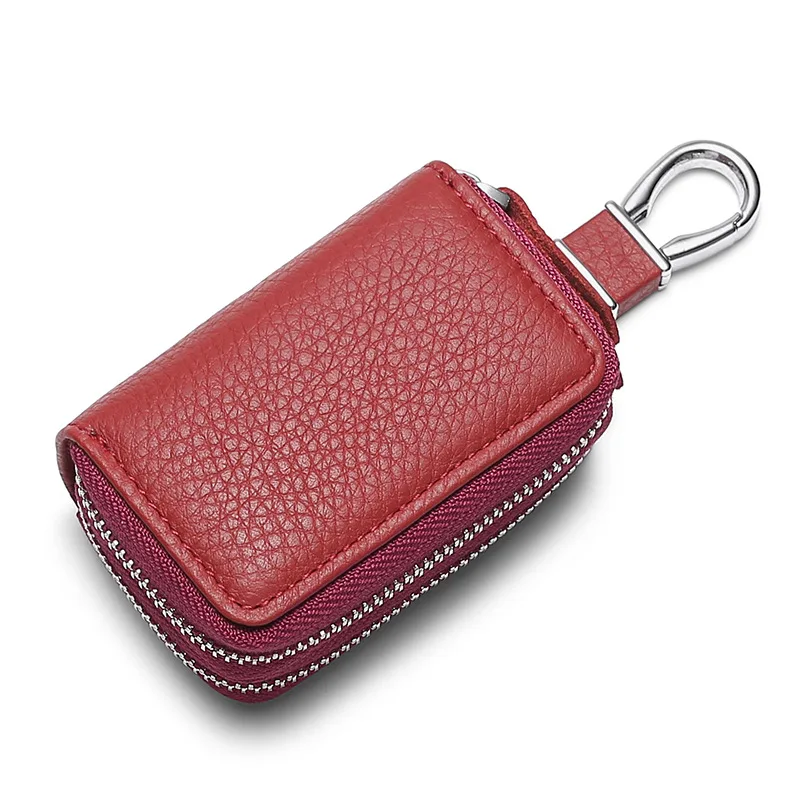 Hot Sell Double Zipper Keychain   Car Key Bag Genuine Leather Car Key Wallet Keys Holder Pouch Cover