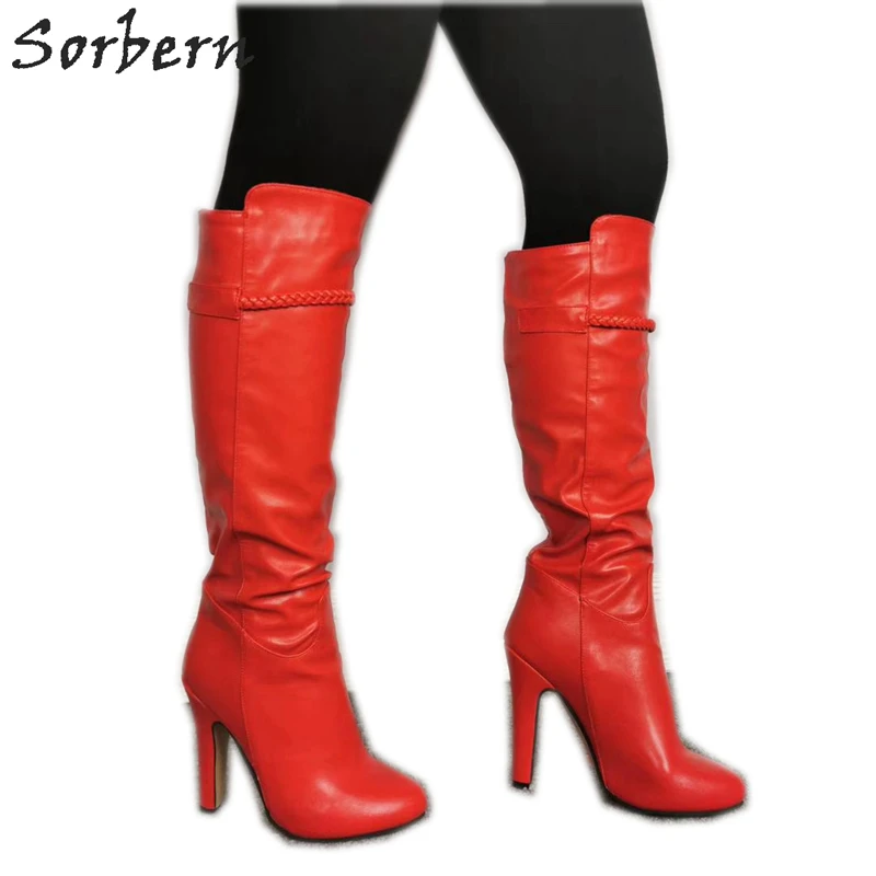 Sorbern Red Knee High Boots Real Image Thick Heel Pointy Toes Multi Colors Outdoor Shoes Work Boot Plus Size Zipper Up Females