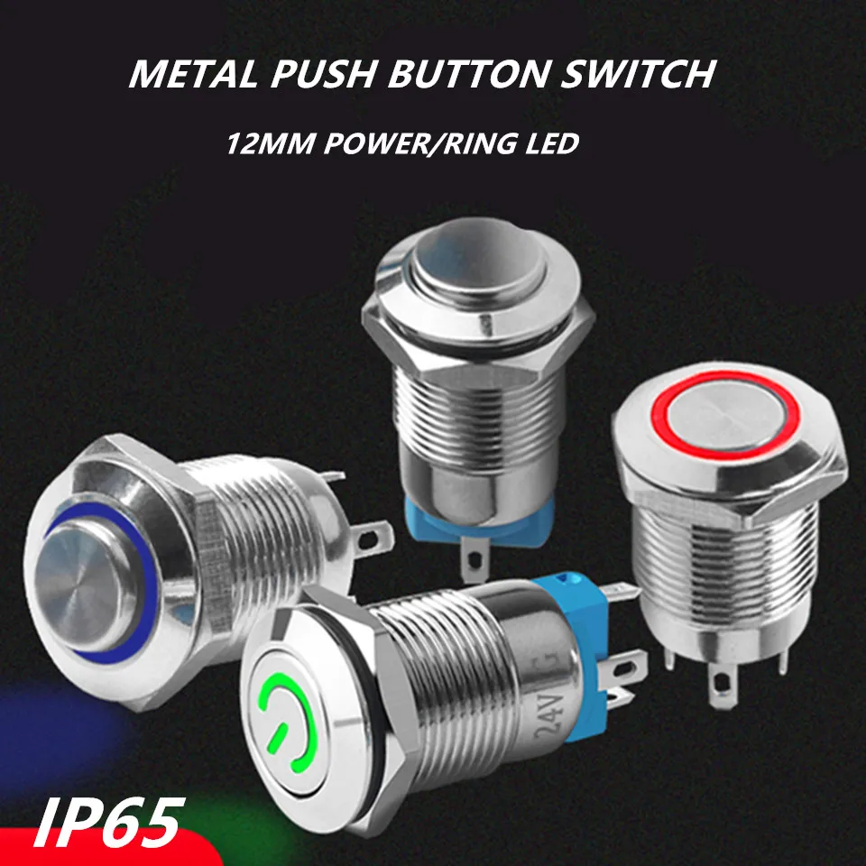 12mm Waterproof IP65 Metal Push Button Switch Flat high head Momentary Latching Electric On Off  LED Light 3V 6V 12V 24V 220V