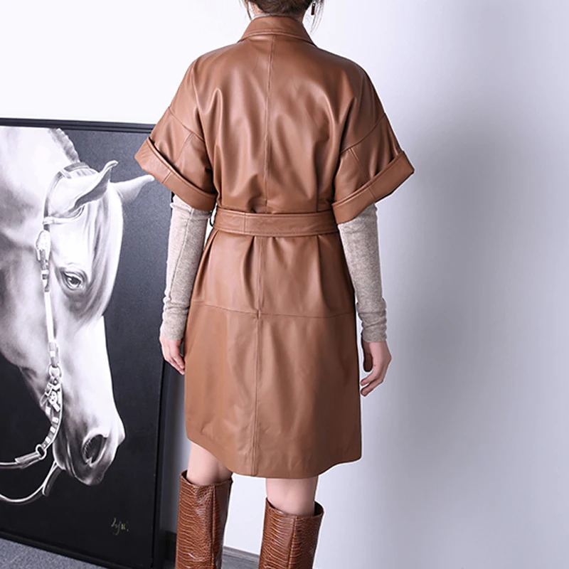 Women Genuine Leather Short Sleeve Coat 2023 Female Elegant French Suit Collar Pockets Long Jacket Mujer Chic Sweater Manteau