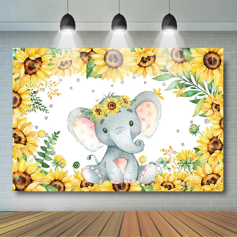 

Sunflower Elephant Baby Shower Backdrop Summer Floral Jungle Wild One Background Elephant Baby Shower Birthday Party Decor