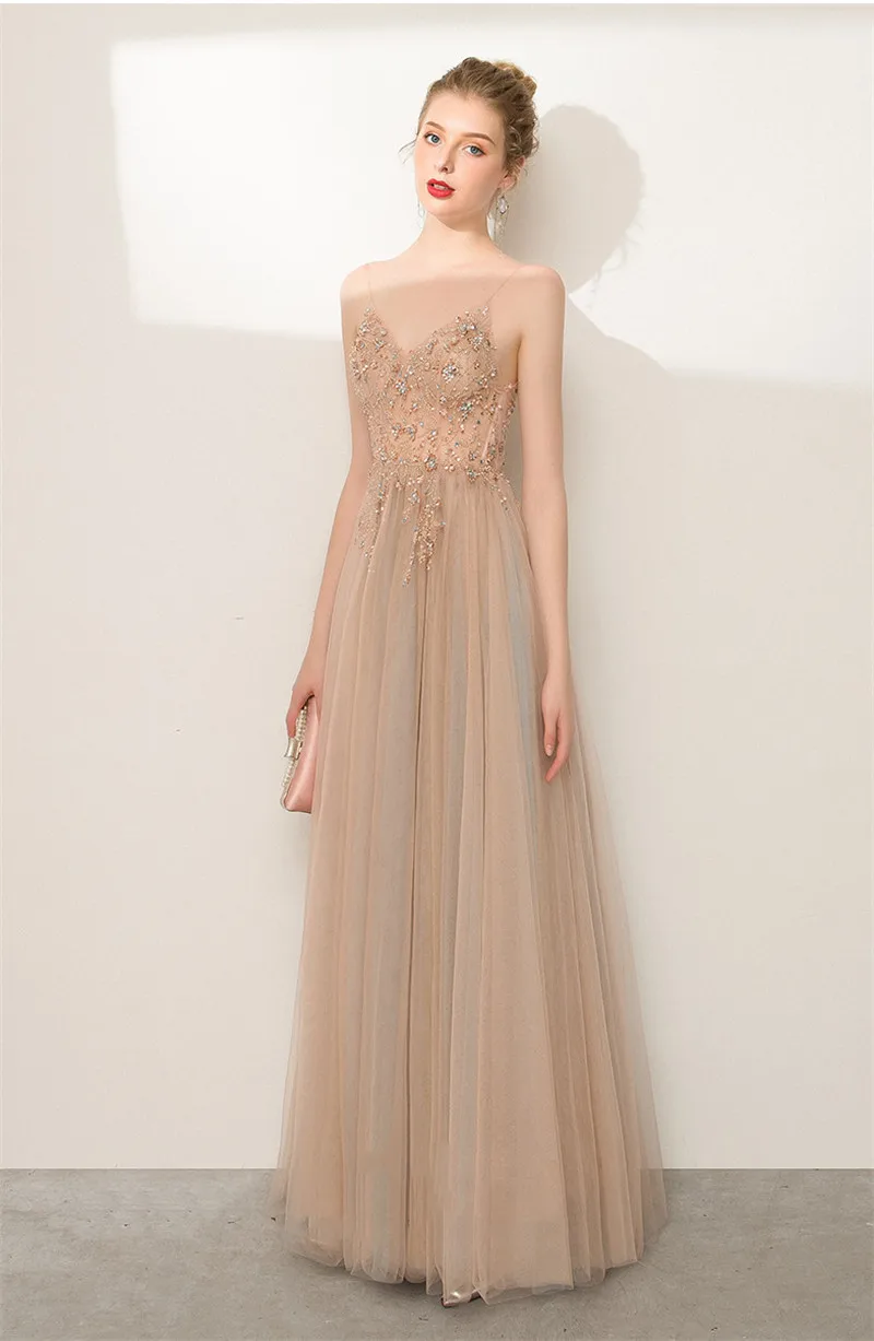 Champagne Prom Dress 2021 Nieuwe Split A-lijn Floor Lengte Spaghettibandjes Illusion Kralen Top Avondjurk Платья Знаменитостей