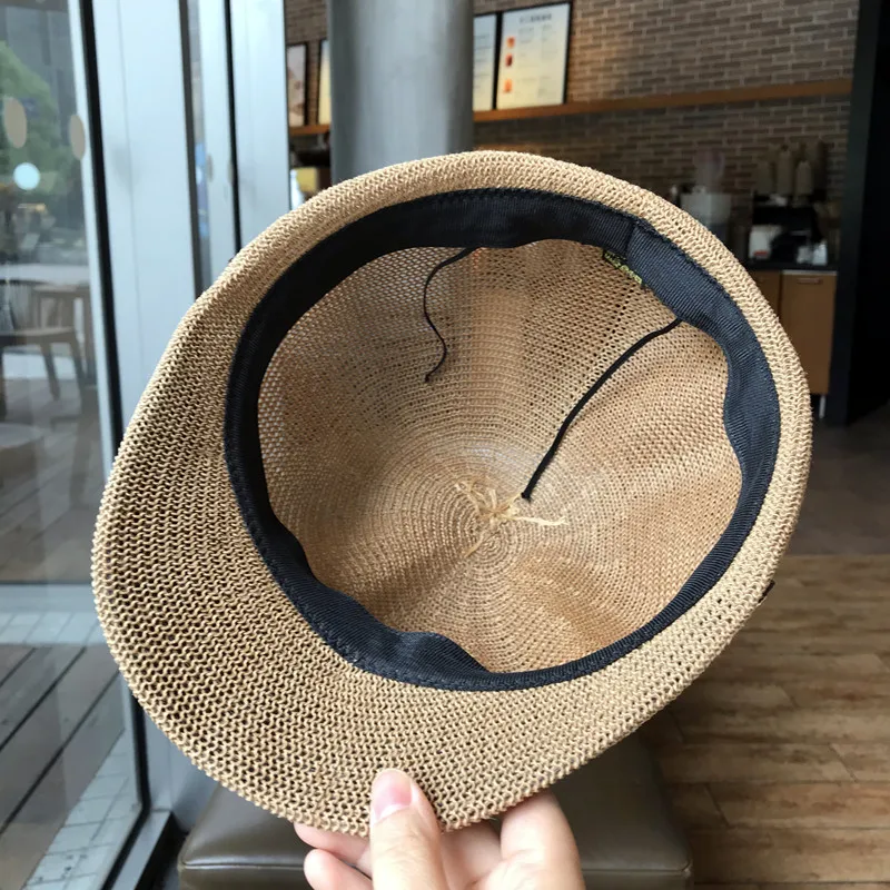 Gorra octogonal de paja para mujer, gorro fino de verano, boina de punto con cuerda ajustable, malla transpirable, para la playa, 2021