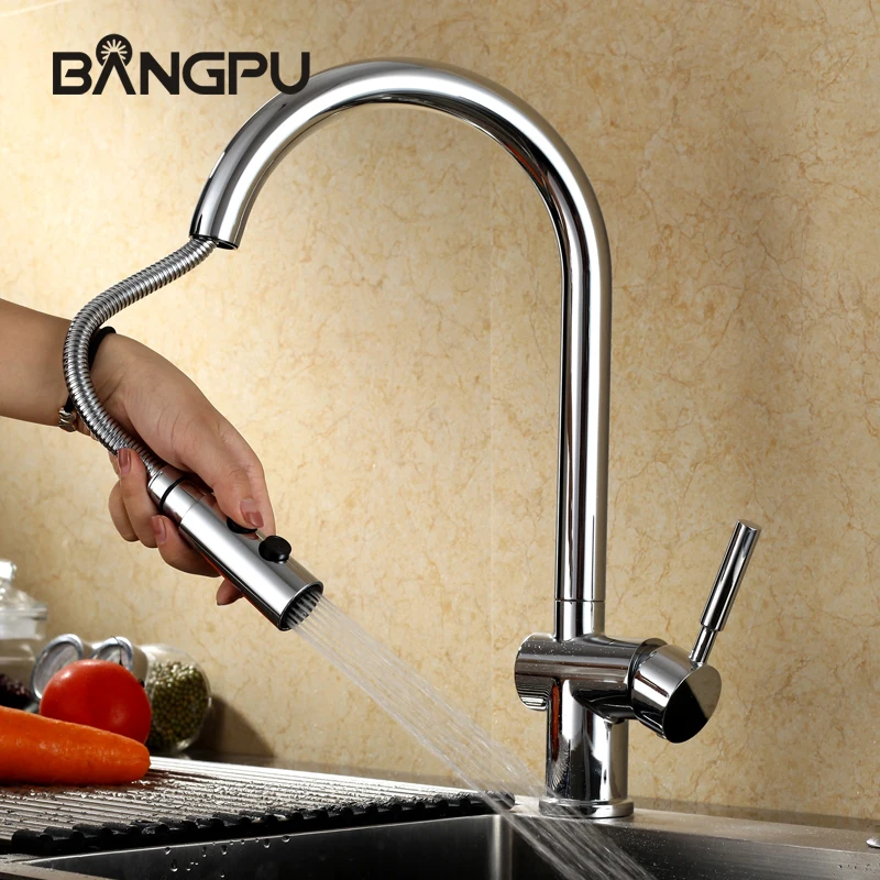 BANGPU Kitchen Faucet Pull Out Kitchen Faucet 1 Hole Faucet Deck Mounted Single Handle Dual Chrome Function Sink Faucet Chrome