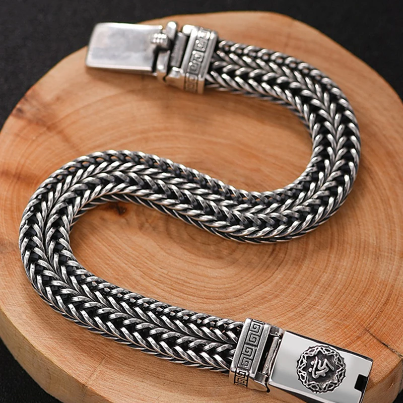 HX Hand-Woven Silver Men\'s Bracelet Fashion Trend Personality Chinese Style Retro Creative Thai Silver Jewelry Accessories