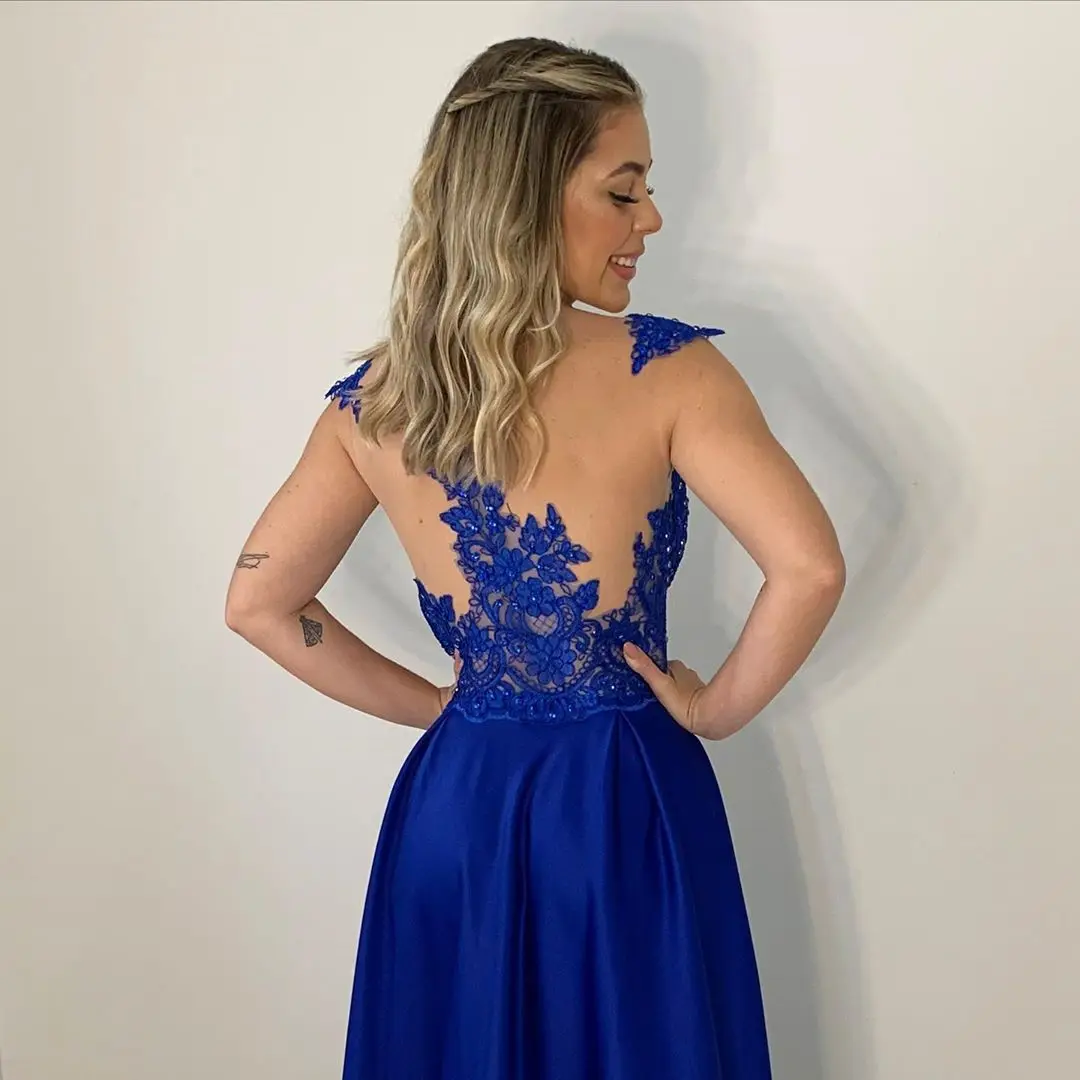 Royal Blue Satin Formele Avondjurken Side Slit Scoop Sheer Applicaties Lace Prom Partij Jassen Vestidos De Fiesta Formales