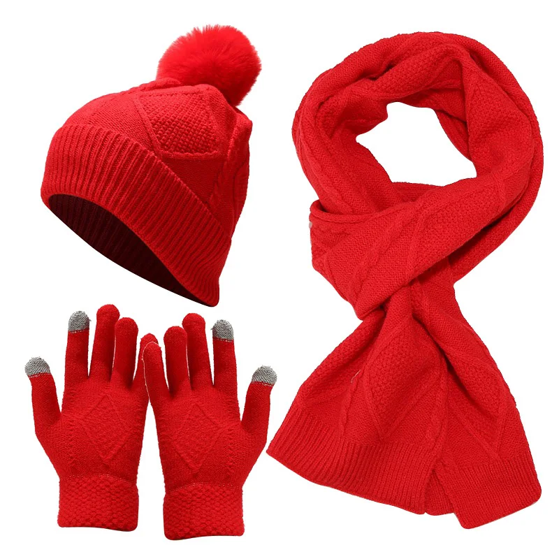 

3 PCS Hat Glove Scarf Sets Winter Warm Knitted Touch Screen Gloves Woolen Plush Pom Pom Beanies Thickened Coldproof Scarves Suit