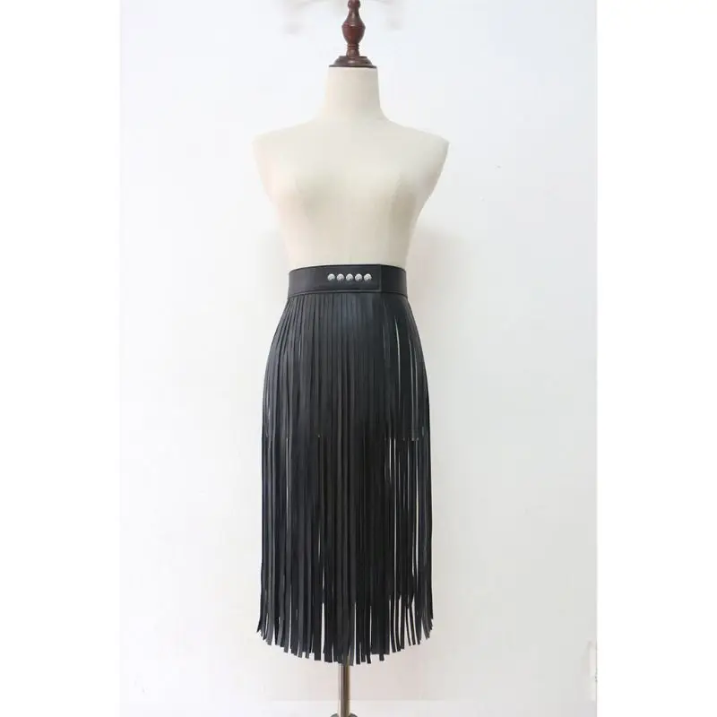 Womens High Waist Faux Leather Fringe Tassels Skirt Body Harness with Snap Buttons Halloween Party Punk Rock Clubwear