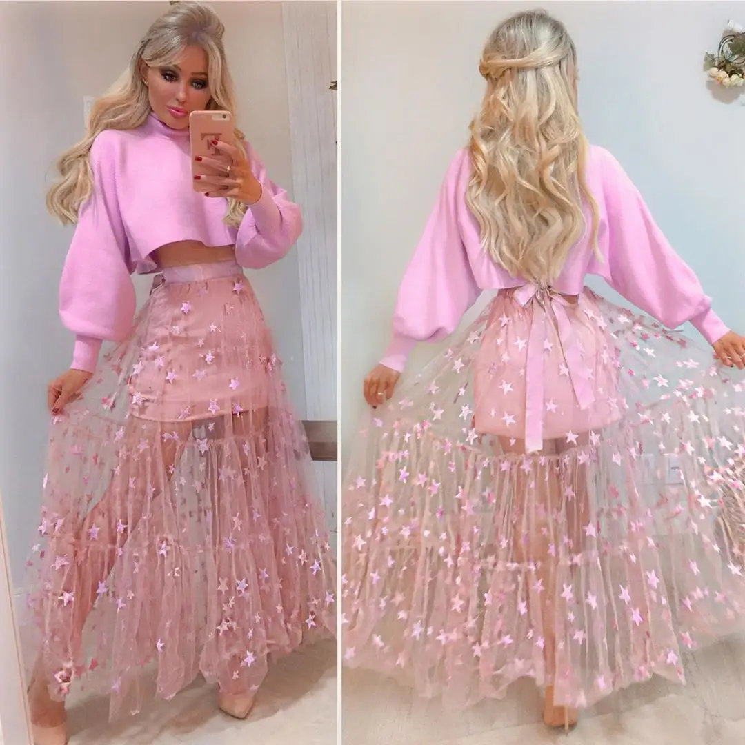 SKMY-Jupe longue en maille taille haute à paillettes étoiles pour femmes, vêtements de plage d'été, jupe trapèze, jupe maxi plissée, vêtements pour femmes, nouveau, 2024