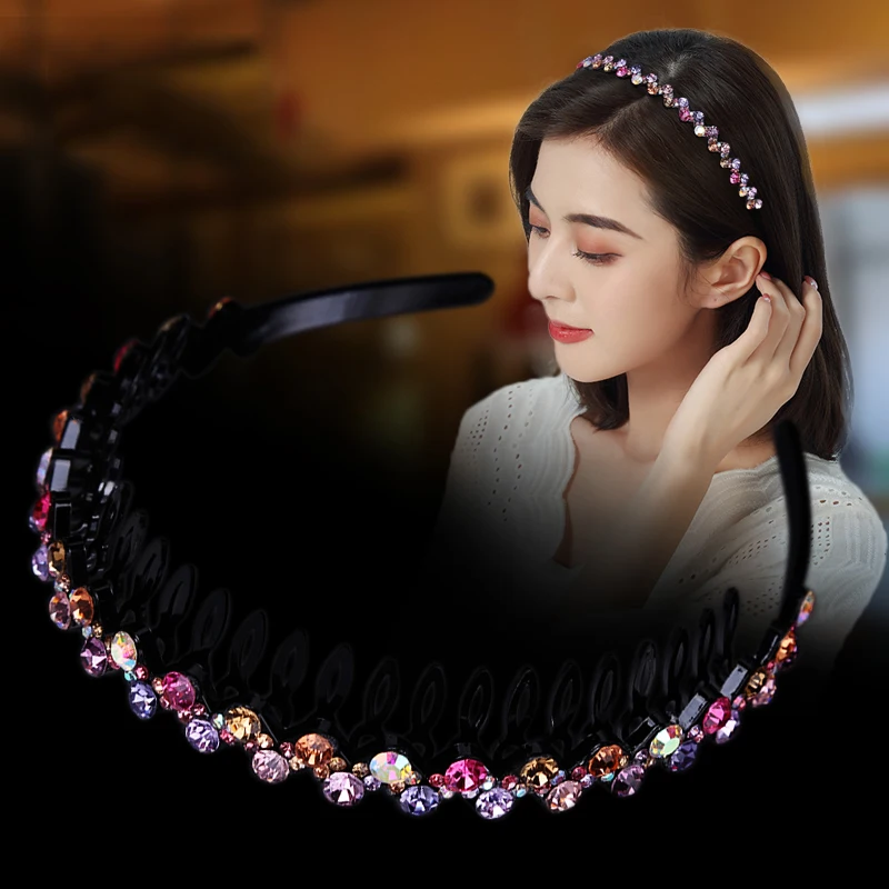 Hairbands Non-slip Bezel Colorful Rhinestone Flower Water Ripple Hair Hoop Headband for Women Hair Band Hair Accessories Hairsty