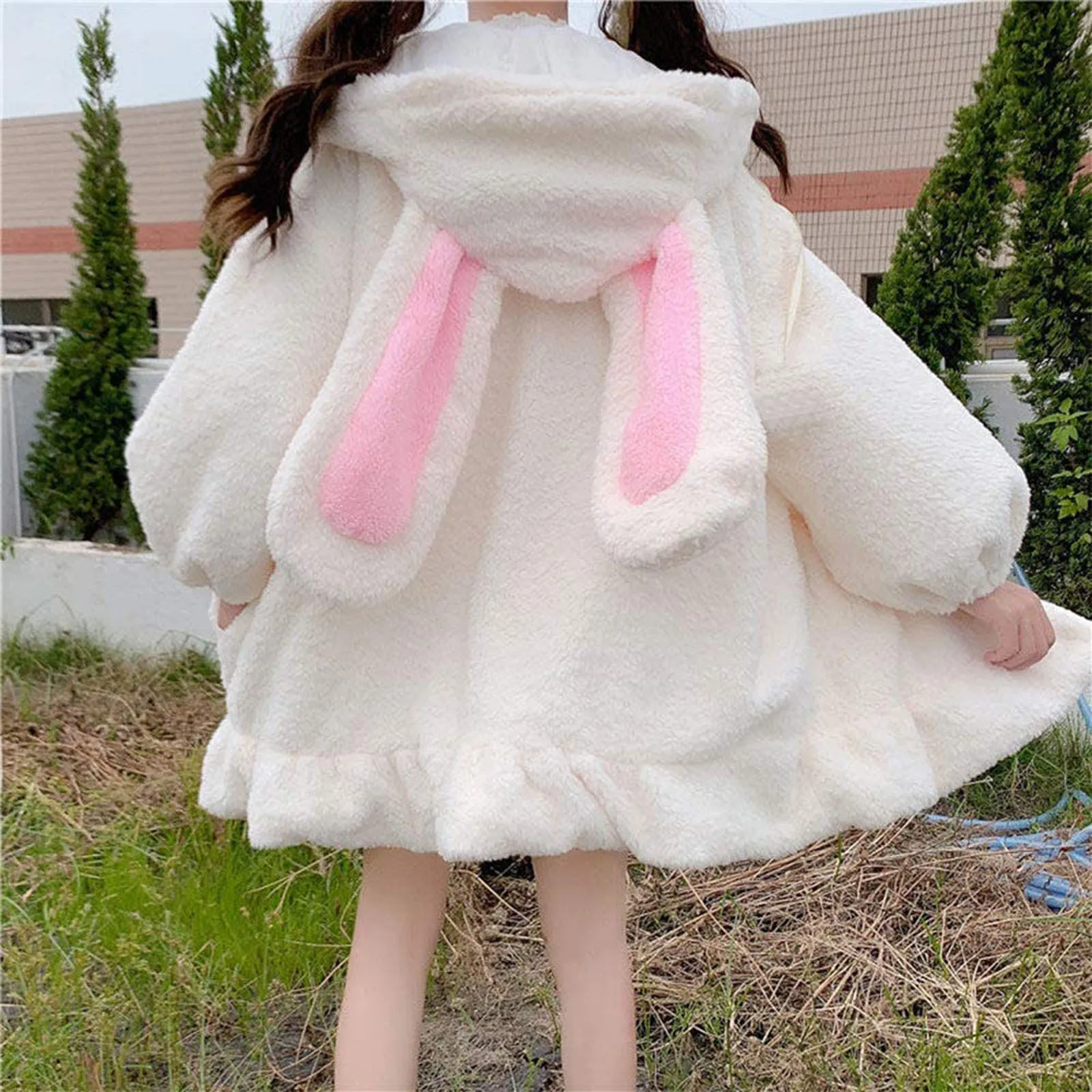 Flannel Bunny Ears Hoodies For Woman Winter Kawaii Women\'s Sweatershirt Fluffy Warm Winter Pullover Rabbit Jumper Hoddie