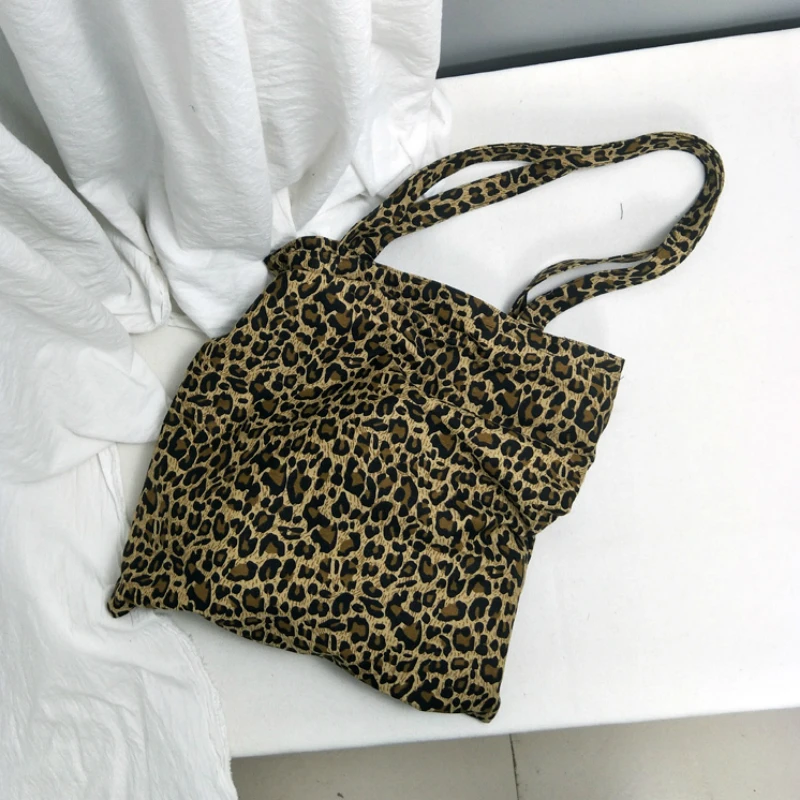 Shopping Bags Women Canvas Leopard Fashion Ins All-match Students Ulzzang Trendy Vintage Shoppers Chic Simple Chic Retro Totebag