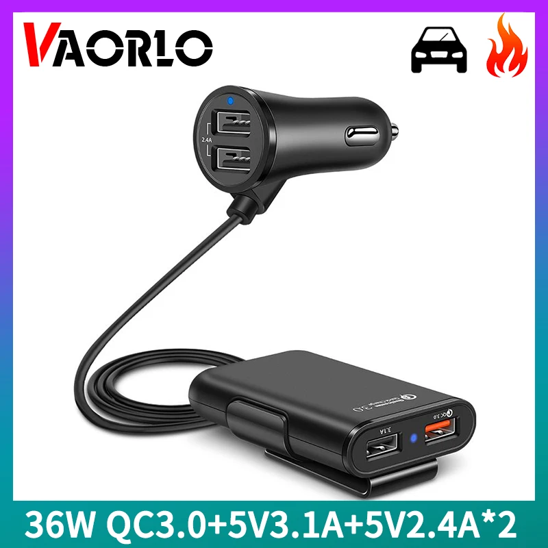 VAORLO 36W QC3.0 Car Fast Charger Charging 4 Port USB 5V 3.1A 5V2.4A*2 5.6ft Extension Cable Passenger Car Rear Charger Car HUB