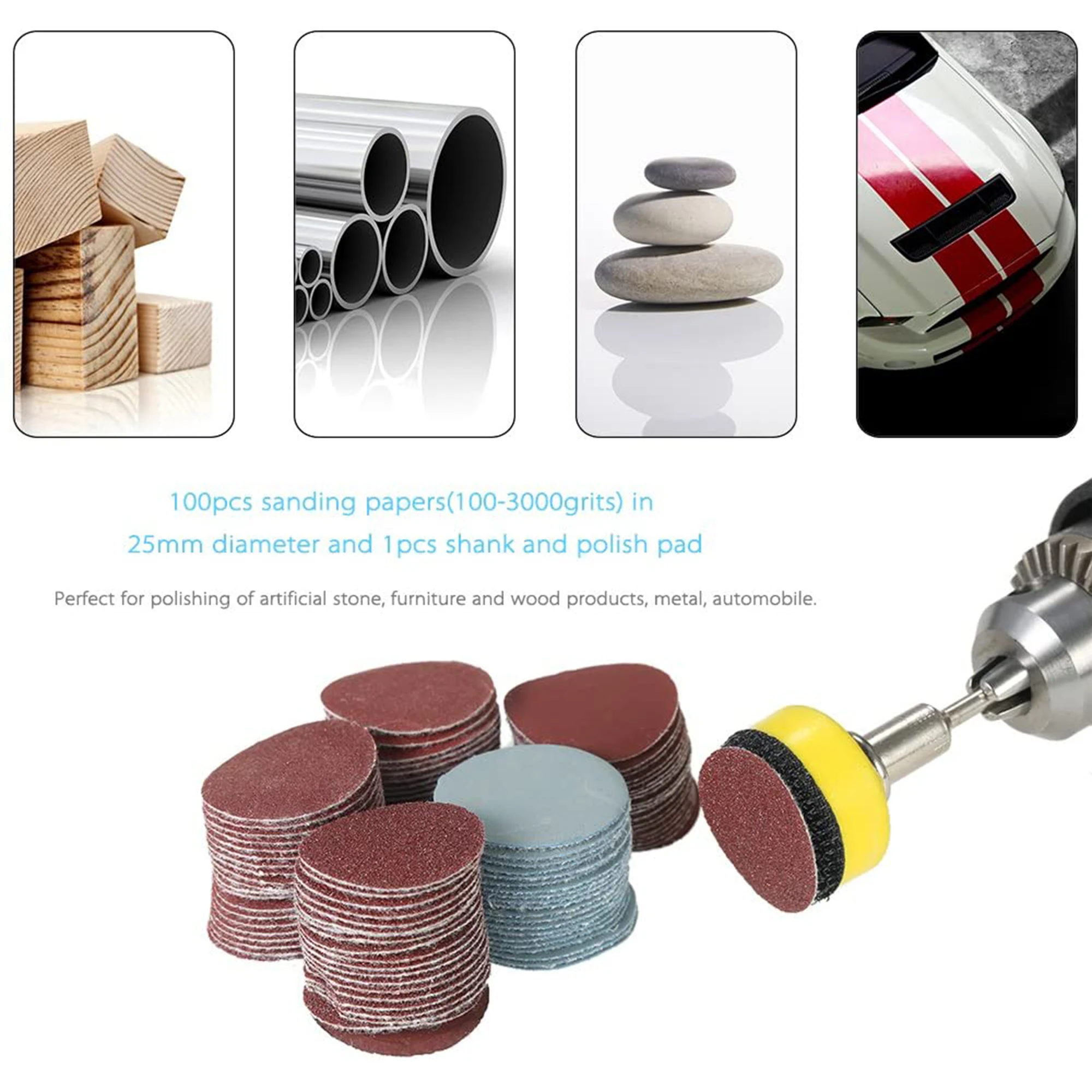 100 PCS dischi abrasivi da 1 pollice 80-3000grit carta vetrata assortita con Kit di levigatura di backup con gambo 1PC 3mm per utensili rotanti Dremel