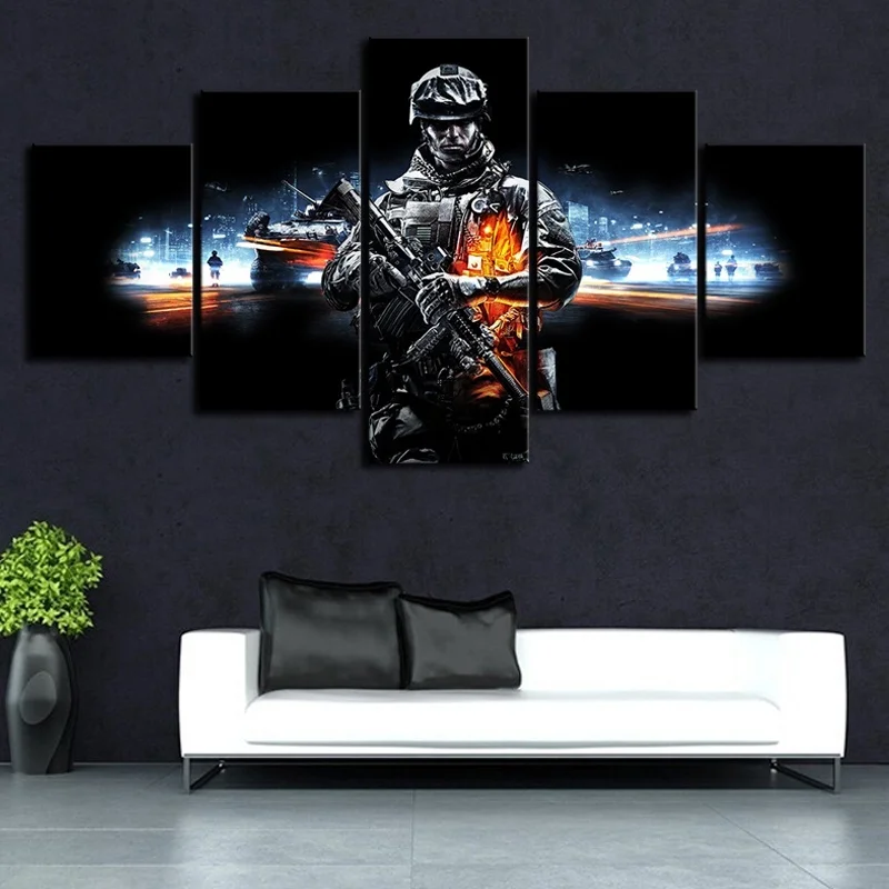 No Framed 5 Panel Battlefield Game Army Hunt Cuadros HD Wall Art Canvas Posters Pictures Paintings Home Decor for Living Room