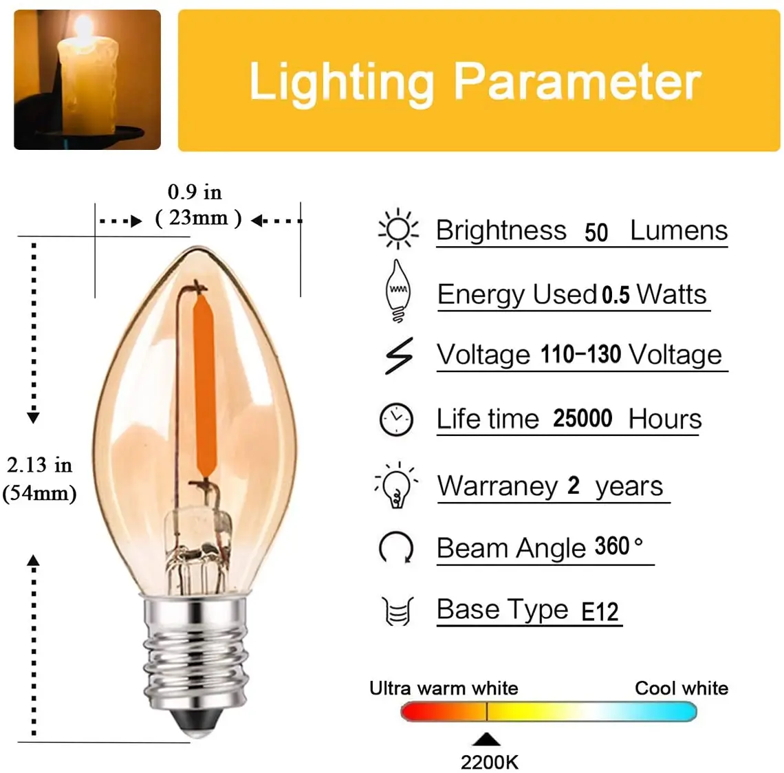 Żarówki LED Night C7 żyrandol E12 E14 podstawa oświetlenie dekoracyjne żarówki 0.5 watów świąteczna mała świeca żarówka 2200K Amber Glass