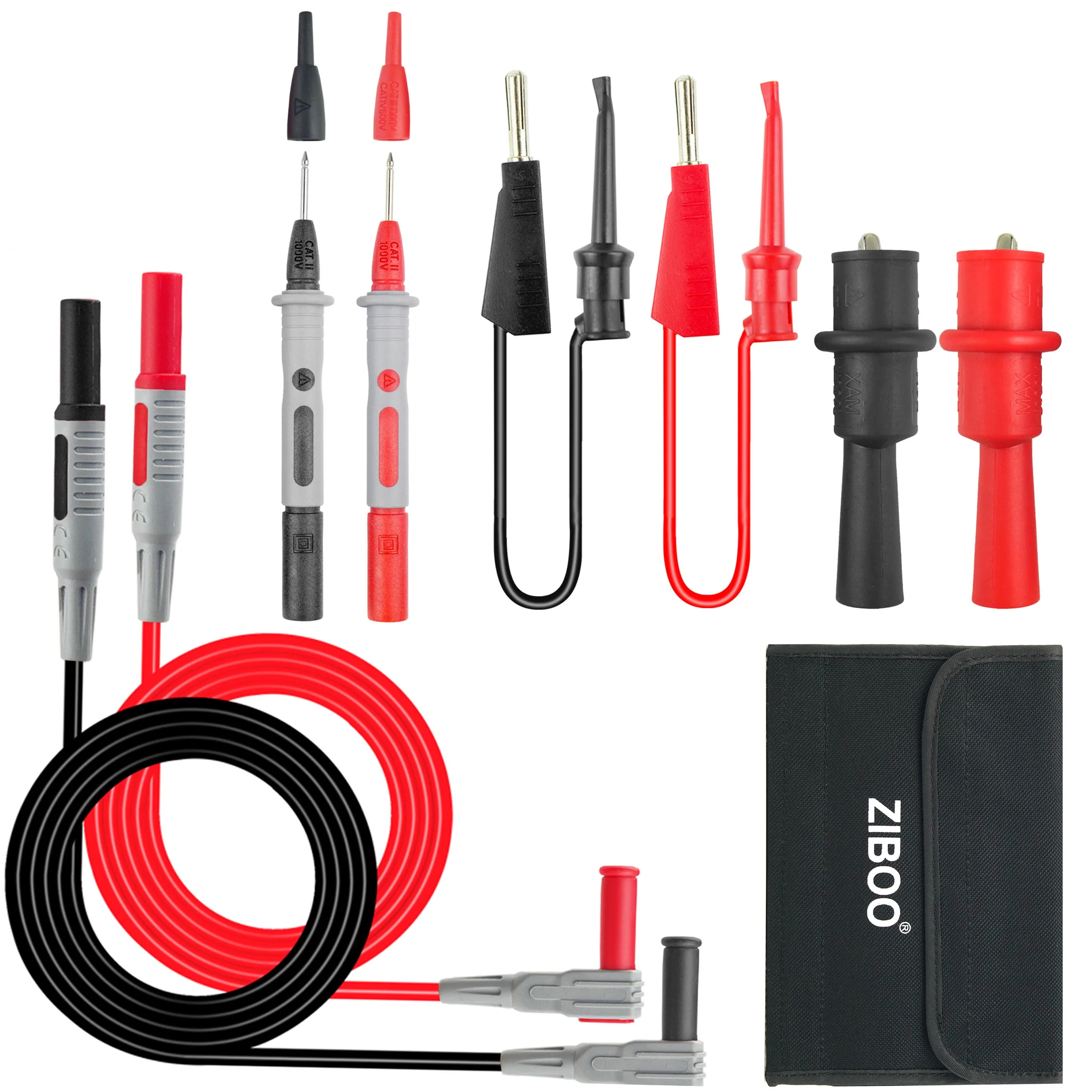 ZIBOO KIT-11 Multimeter Test Leads Kit Alligator Clips and Plunger Test Mini Hooks Test Probes 1000V 10A CAT III & CAT IV 600V.