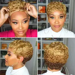 WIGERA-Peluca de cabello sintético para mujer, pelo corto rizado con corte Bob Pixie, color marrón/negro/rojo vino