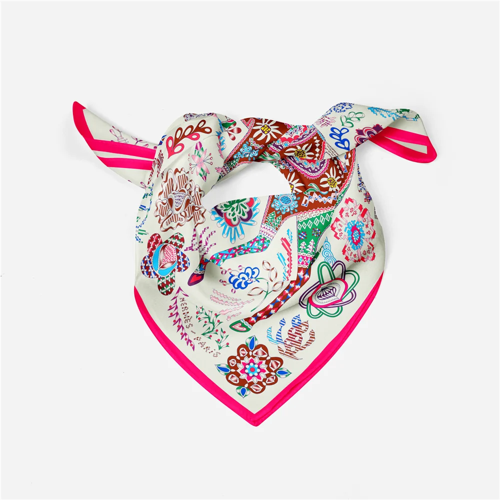 Twill Silk Scarf Woman Horse Floral Print Square Scarves Wraps Bandana Small Hijab Foulards Lady Tie Headband Neckerchief 53CM