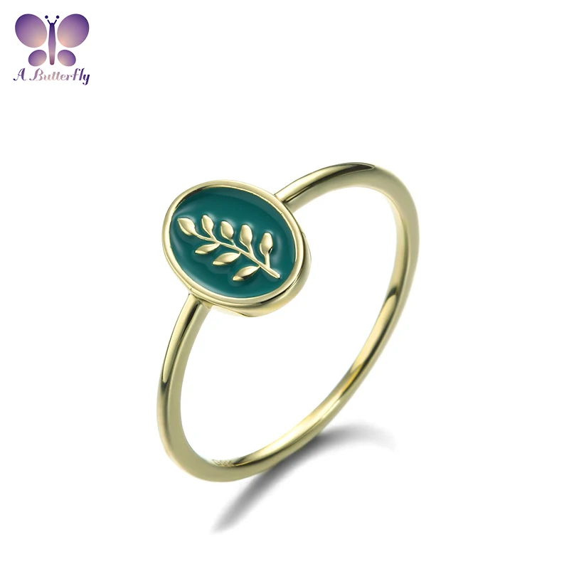 9K Yellow Gold Enamel Olive Branch Ring Female Simple Light Luxury Jewelry Fashion Ring