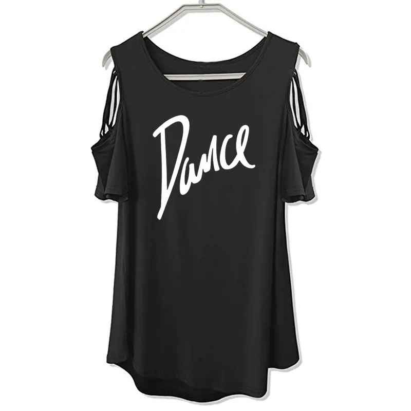 Damska koszulka 2026 Nowa moda T-shirt Damski Casualowy T-shirt z napisem do tańca Letni Casualowy T-shirt z odkrytymi ramionami a wycięciami Damskie topy Tee