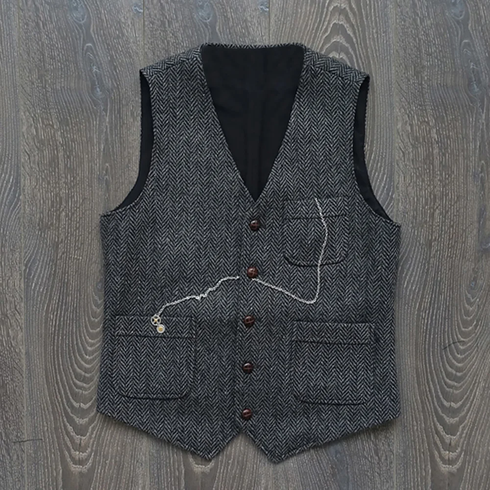 Men\'s Suit Formal V Neck Wool Green Herringbone Tweed Casual Waistcoat Formal Business Vest Groomman For Wedding